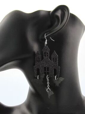 Halloween Gothic Woman's Spooky Halloween Castle Earrings w Bats